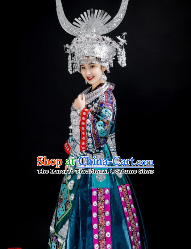 China Miao Nationality Folk Dance Costumes Guizhou Ethnic Blue Dress Stage Performance Clothing and Headdress