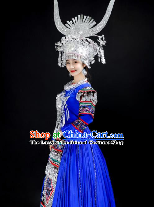 China Xiangxi Ethnic Royalblue Dress Miao Nationality Stage Performance Clothing Hmong Folk Dance Costumes and Headwear