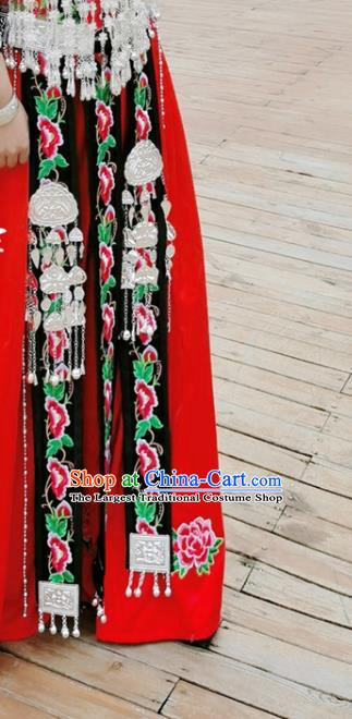 China Miao Nationality Bride Clothing Xiangxi Minority Folk Dance Costumes Ethnic Wedding Red Dress and Jewelry Accessories