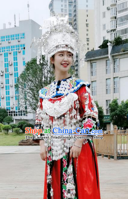 China Miao Nationality Bride Clothing Xiangxi Minority Folk Dance Costumes Ethnic Wedding Red Dress and Jewelry Accessories