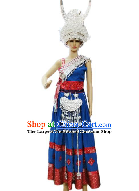 China Hmong Ethnic Folk Dance Blue Dress Miao Nationality Clothing Guizhou Minority Performance Costumes and Silver Hat