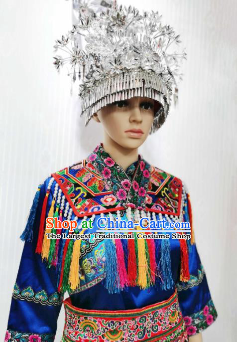 China Guizhou Minority Costumes Guangxi Ethnic Folk Dance Blue Dress Dong Nationality Clothing and Headwear