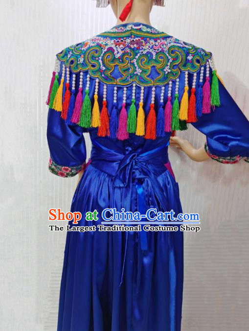 China Guizhou Minority Costumes Guangxi Ethnic Folk Dance Blue Dress Dong Nationality Clothing and Headwear