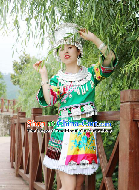 China Guizhou Minority Folk Dance Green Outfits Ethnic Stage Performance Dress Miao Nationality Clothing and Hat