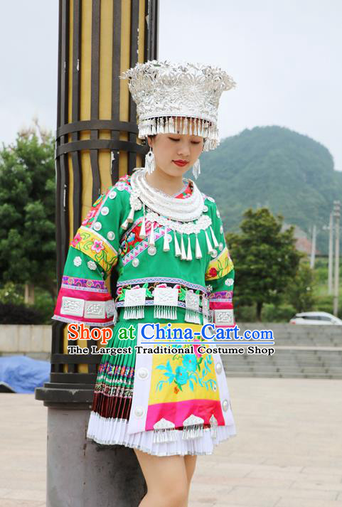 China Guizhou Minority Folk Dance Green Outfits Ethnic Stage Performance Dress Miao Nationality Clothing and Hat
