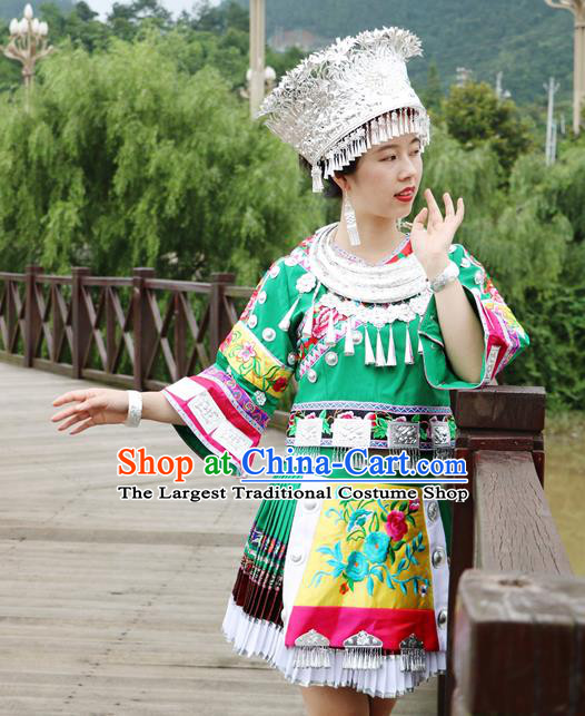 China Guizhou Minority Folk Dance Green Outfits Ethnic Stage Performance Dress Miao Nationality Clothing and Hat