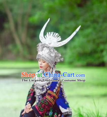 China Miao Nationality Country Woman Clothing Xiangxi Minority Blue Outfits Ethnic Folk Dance Dress and Headwear