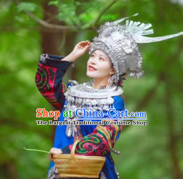 China Miao Nationality Country Woman Clothing Xiangxi Minority Blue Outfits Ethnic Folk Dance Dress and Headwear