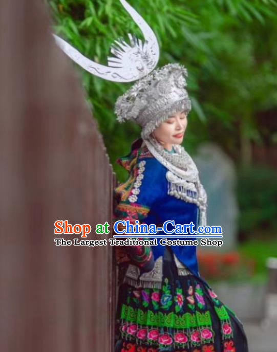 China Miao Nationality Country Woman Clothing Xiangxi Minority Blue Outfits Ethnic Folk Dance Dress and Headwear