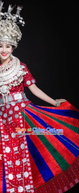China Xiangxi Hmong Minority Bride Red Outfits Ethnic Folk Dance Dress Miao Nationality Wedding Clothing and Headdress