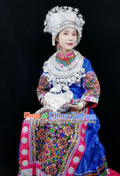 China Miao Nationality Wedding Clothing Xiangxi Hmong Minority Holiday Blue Outfits Ethnic Performance Dress and Headdress