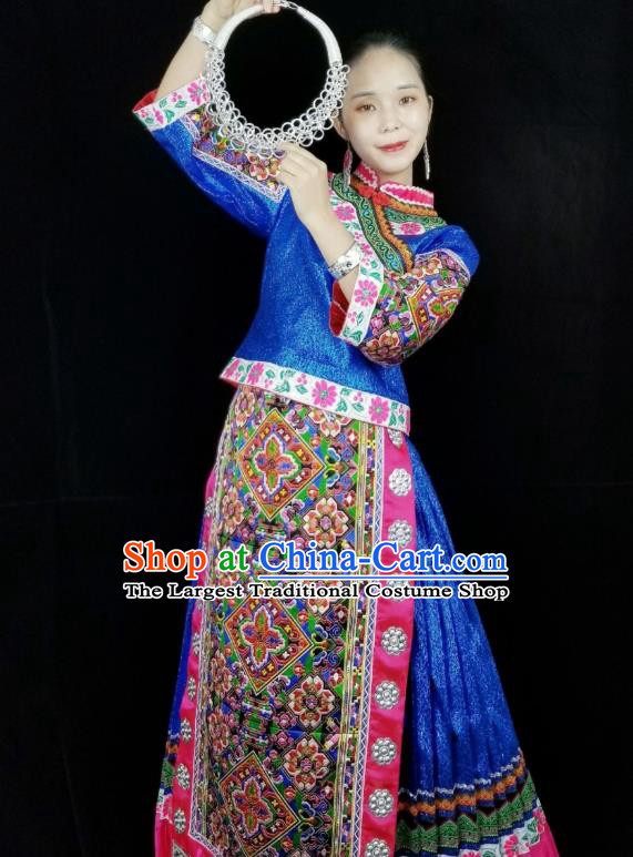 China Miao Nationality Wedding Clothing Xiangxi Hmong Minority Holiday Blue Outfits Ethnic Performance Dress and Headdress