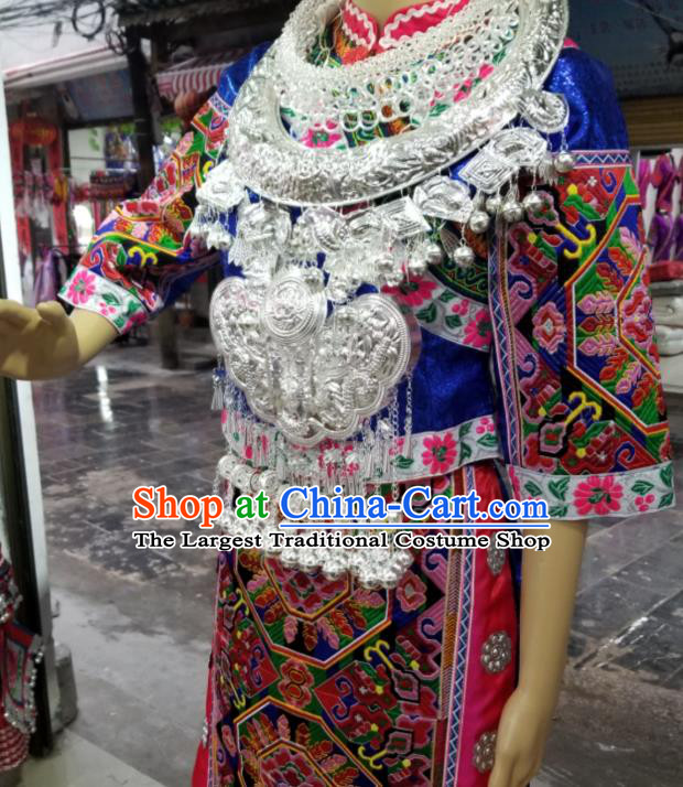 China Miao Nationality Wedding Clothing Xiangxi Hmong Minority Holiday Blue Outfits Ethnic Performance Dress and Headdress