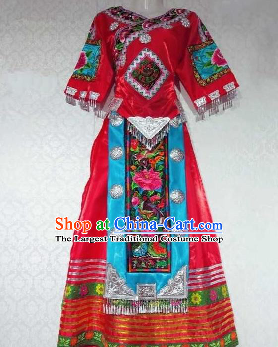 China Miao Nationality Female Clothing Guizhou Minority Folk Dance Red Outfits Tujia Ethnic Performance Dress