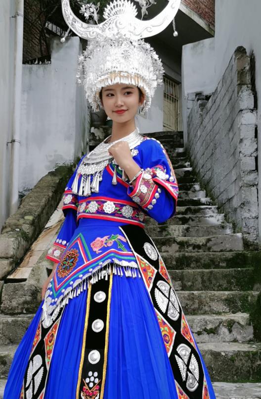 China Xiangxi Minority Stage Performance Costumes Ethnic Folk Dance Royalblue Dress Miao Nationality Clothing and Hat