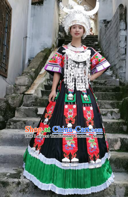 China Miao Nationality Performance Clothing Xiangxi Minority Dance Costumes Hmong Ethnic Woman Black Dress and Headwear