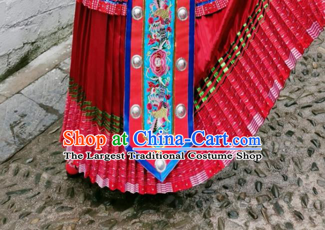 China Hmong Ethnic Woman Red Dress Miao Nationality Wedding Clothing Xiangxi Minority Performance Costumes and Silver Hair Accessories