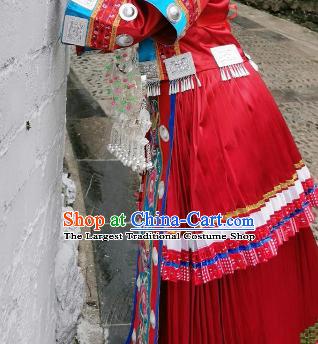 China Hmong Ethnic Woman Red Dress Miao Nationality Wedding Clothing Xiangxi Minority Performance Costumes and Silver Hair Accessories