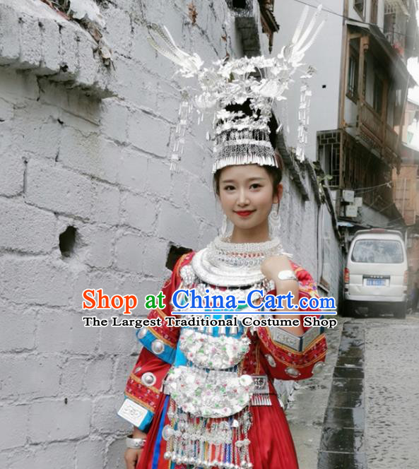 China Hmong Ethnic Woman Red Dress Miao Nationality Wedding Clothing Xiangxi Minority Performance Costumes and Silver Hair Accessories