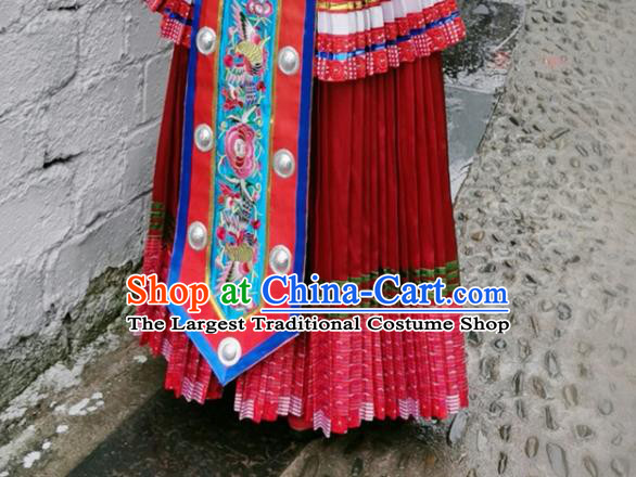 China Hmong Ethnic Woman Red Dress Miao Nationality Wedding Clothing Xiangxi Minority Performance Costumes and Silver Hair Accessories