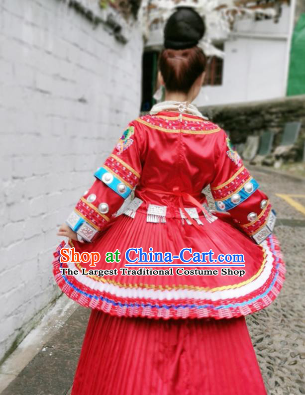 China Hmong Ethnic Woman Red Dress Miao Nationality Wedding Clothing Xiangxi Minority Performance Costumes and Silver Hair Accessories