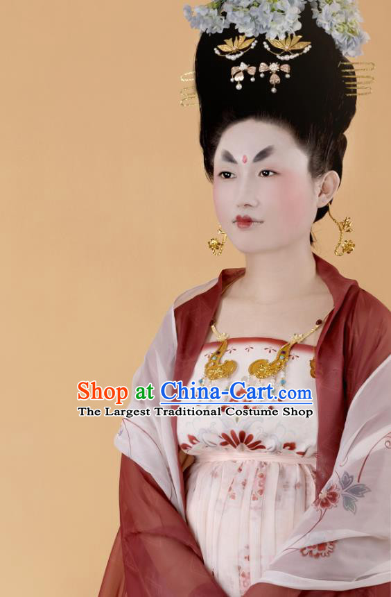 China Traditional Ancient Court Beauty Hanfu Dress Tang Dynasty Imperial Concubine Historical Clothing and Headdress Full Set