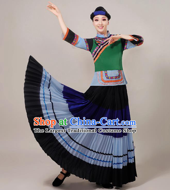 China Xiangxi Nationality Clothing Ethnic Performance Outfits Yi Minority Folk Dance Dress and Silver Headdress