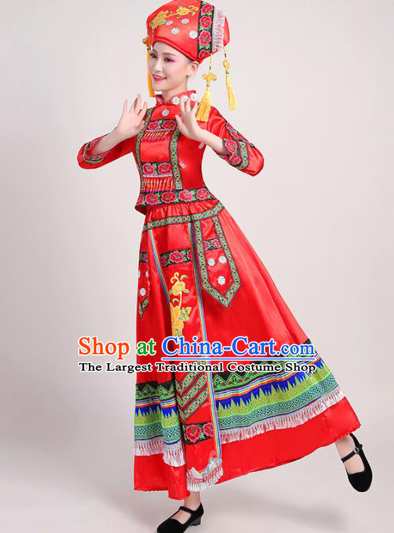 China Yao Minority Folk Dance Dress Zhuang Nationality Clothing Yunnan Ethnic Performance Red Outfits and Headwear