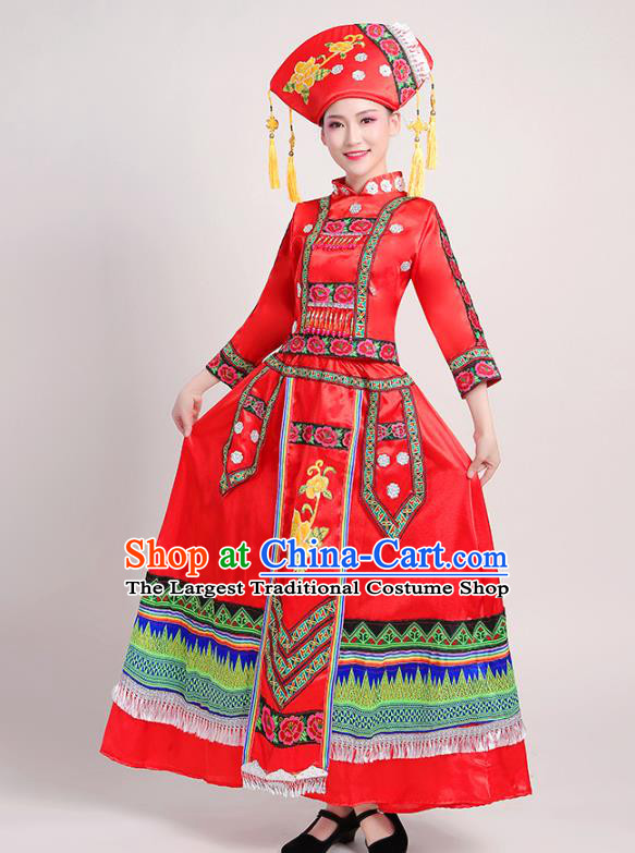 China Yao Minority Folk Dance Dress Zhuang Nationality Clothing Yunnan Ethnic Performance Red Outfits and Headwear