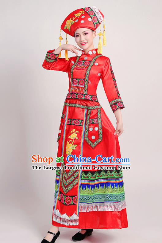 China Yao Minority Folk Dance Dress Zhuang Nationality Clothing Yunnan Ethnic Performance Red Outfits and Headwear