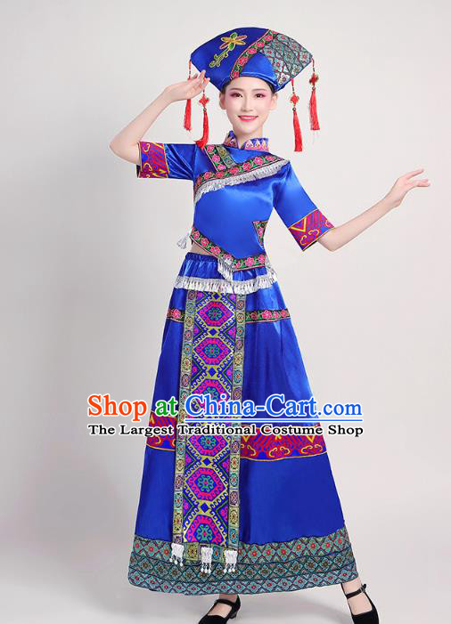 China Zhuang Nationality Female Clothing Guangxi Ethnic Performance Royalblue Outfits Tujia Minority Folk Dance Dress and Headwear