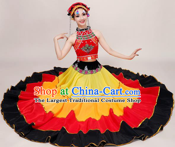 China Guizhou Ethnic Performance Outfits Minority Torch Festival Dress Yi Nationality Folk Dance Costumes and Tassel Hat