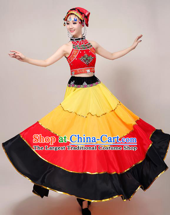 China Guizhou Ethnic Performance Outfits Minority Torch Festival Dress Yi Nationality Folk Dance Costumes and Tassel Hat