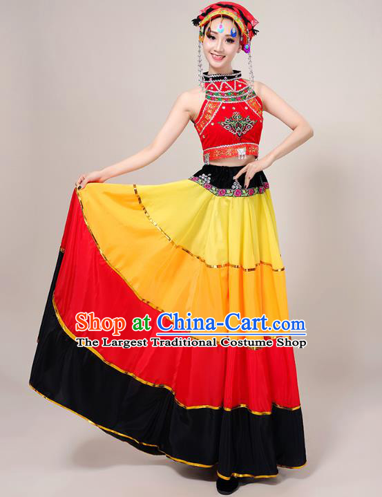 China Guizhou Ethnic Performance Outfits Minority Torch Festival Dress Yi Nationality Folk Dance Costumes and Tassel Hat