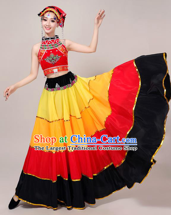 China Guizhou Ethnic Performance Outfits Minority Torch Festival Dress Yi Nationality Folk Dance Costumes and Tassel Hat