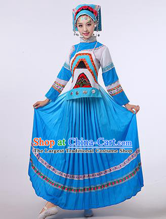 China Guizhou Ethnic Performance Outfits Puyi Minority Blue Dress She Bouyei Nationality Folk Dance Clothing and Hat