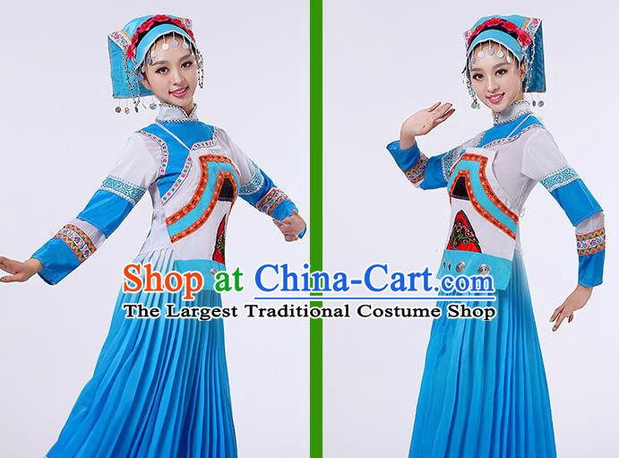 China Guizhou Ethnic Performance Outfits Puyi Minority Blue Dress She Bouyei Nationality Folk Dance Clothing and Hat
