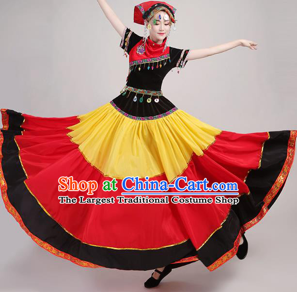 China Yi Minority Torch Festival Dress Guangxi Ethnic Performance Outfits Traditional Nationality Folk Dance Costumes and Headwear