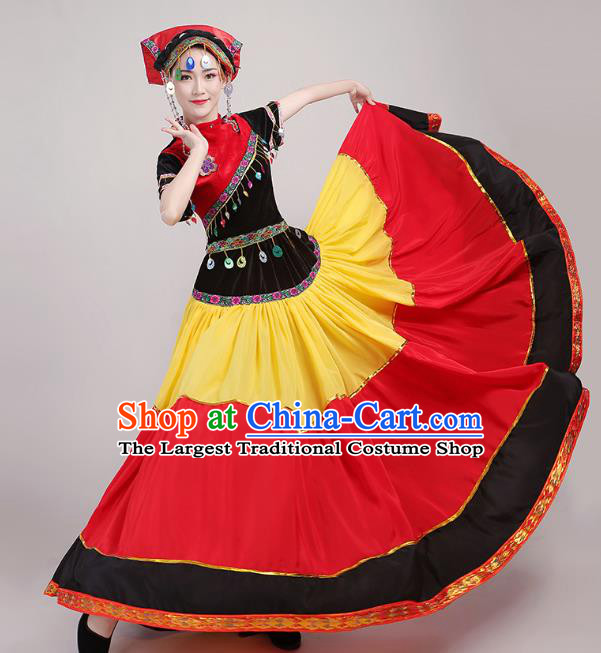 China Yi Minority Torch Festival Dress Guangxi Ethnic Performance Outfits Traditional Nationality Folk Dance Costumes and Headwear