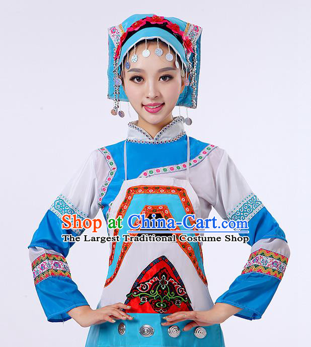 China Guizhou Ethnic Performance Outfits Puyi Minority Blue Dress She Bouyei Nationality Folk Dance Clothing and Hat