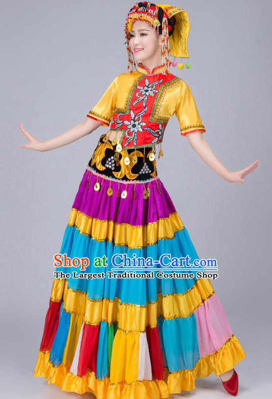 China Traditional Ethnic Performance Clothing Guangxi Nationality Folk Dance Costumes Yi Minority Torch Festival Dress and Hat