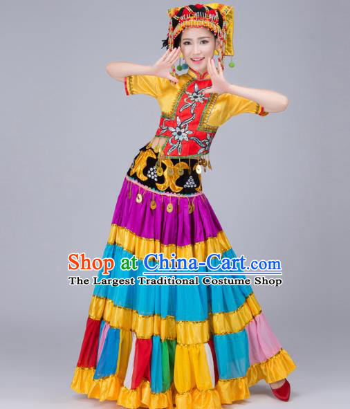 China Traditional Ethnic Performance Clothing Guangxi Nationality Folk Dance Costumes Yi Minority Torch Festival Dress and Hat