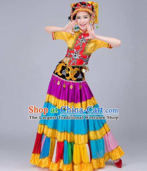 China Traditional Ethnic Performance Clothing Guangxi Nationality Folk Dance Costumes Yi Minority Torch Festival Dress and Hat