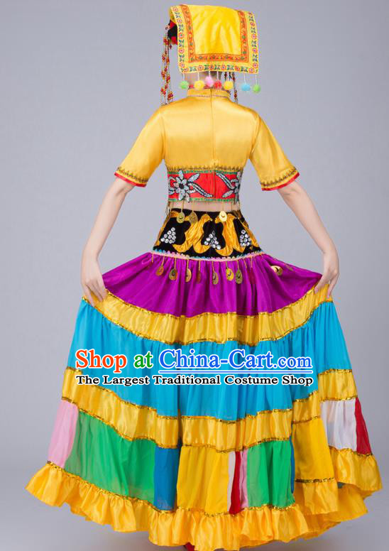 China Traditional Ethnic Performance Clothing Guangxi Nationality Folk Dance Costumes Yi Minority Torch Festival Dress and Hat