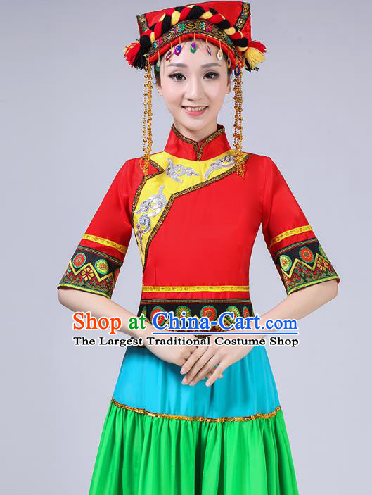 China Yi Minority Torch Festival Dress Traditional Ethnic Performance Clothing Guangxi Nationality Folk Dance Costumes and Headwear