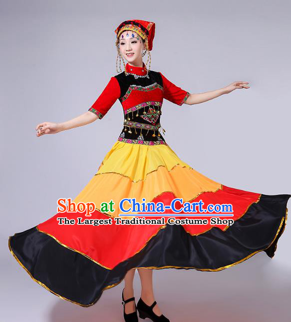 China Liangshan Nationality Folk Dance Costumes Yi Minority Torch Festival Dress Traditional Sichuan Ethnic Performance Clothing and Headwear