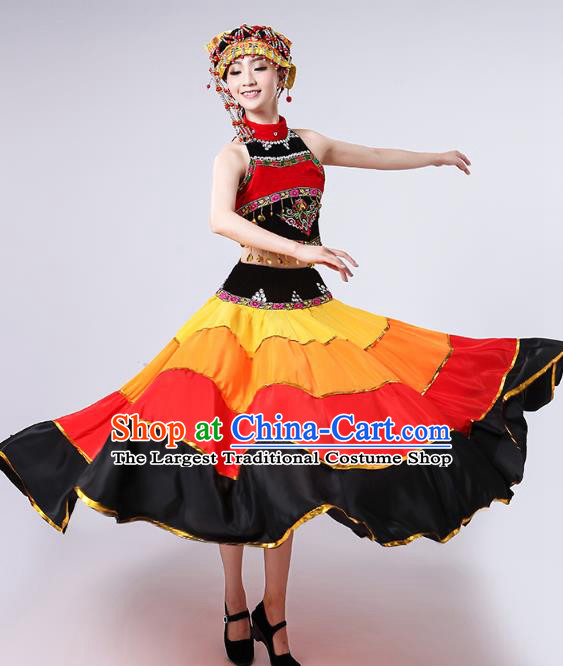 China Traditional Ethnic Clothing Liangshan Nationality Folk Dance Costumes Yi Minority Torch Festival Dress and Headwear