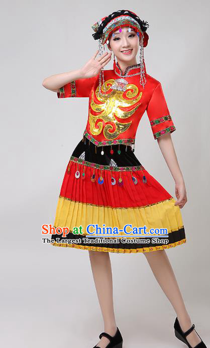 China Traditional Liangshan Ethnic Clothing Yi Nationality Folk Dance Costumes Minority Torch Festival Performance Dress and Hat