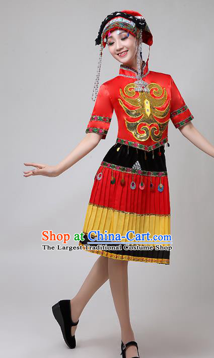 China Traditional Liangshan Ethnic Clothing Yi Nationality Folk Dance Costumes Minority Torch Festival Performance Dress and Hat