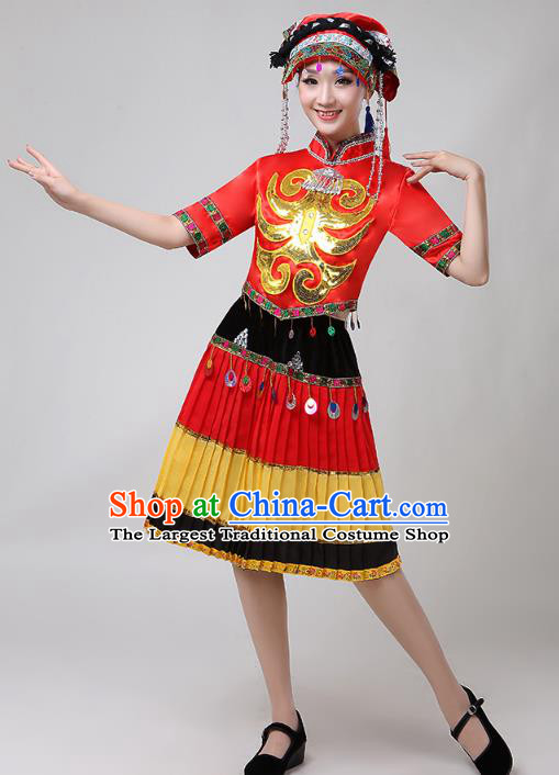China Traditional Liangshan Ethnic Clothing Yi Nationality Folk Dance Costumes Minority Torch Festival Performance Dress and Hat